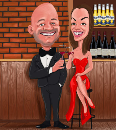 Zeichnung eines Paares in stilvoller Kleidung in einer noblen Bar