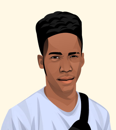 Cartoon Porträt eines schwarzhaarigen Mannes in seinen 20ern mit weißem T-Shirt
