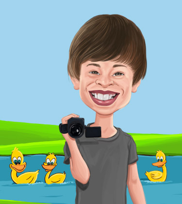 Karikatur eines Jungen, der mit seiner Kamera und dem See mit Enten im Hintergrund posiert