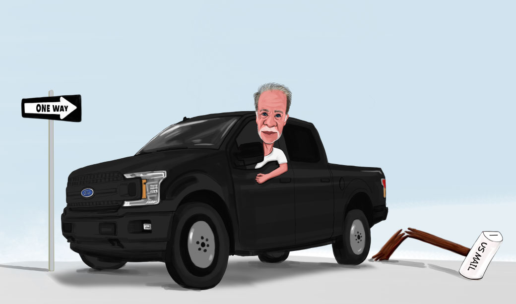 Karikatur eines älteren Mannes im Ford Pickup