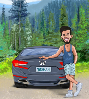 Zeichnung eines Mannes im Wald vor seinem Honda