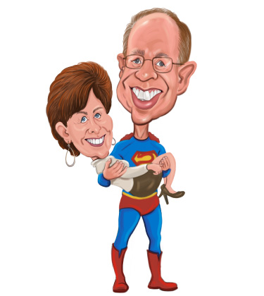 Lustige Karikatur eines Mannes, der seine Frau hebt und ein Superman-Kostüm trägt