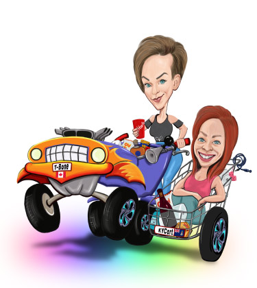 Lustige Karikatur von zwei Familienmitgliedern, die ein superschnelles Motorrad genießen