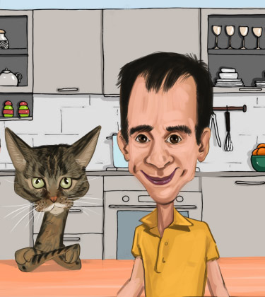 Karikatur eines Mannes mit Katze in seiner Küche