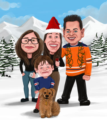 Individuelle Karikatur für die ganze Familie, während Sie draußen im Schnee neben einem Weihnachtsbaum posieren