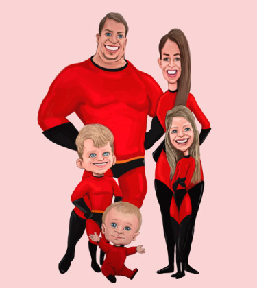 Weihnachten vier Familienmitglieder Cartoon-Skizze mit Superhelden-Uniform