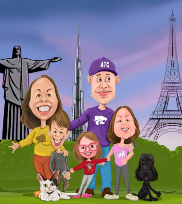 Individuelle Familienkarikatur vor vielen Denkmälern und Touristenattraktionen