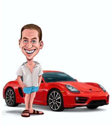 Lustige Karikatur eines Mannes, der vor seinem Porsche steht