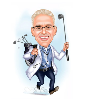 Doktor Golfer schwingt mit seiner Stock Karikatur