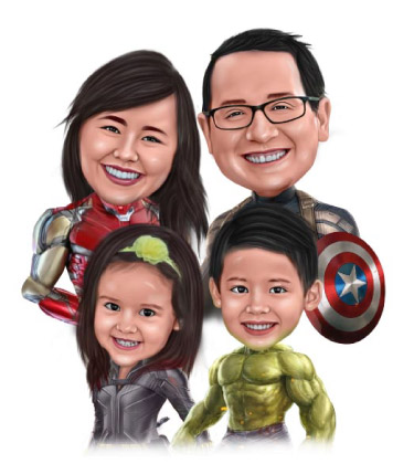 Lustige Karikatur einer 4-köpfigen Familie, die Superhelden-Uniformen trägt und eine tolle Zeit hat