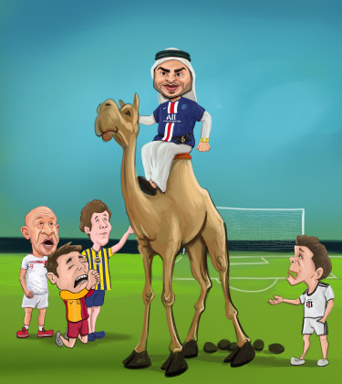 Arabischer Fußball Investor auf einer Kamel Karikatur