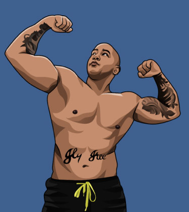 Karikatur Porträt eines schwarzen Bodybuilders, der mit seinen Tätowierungen posiert