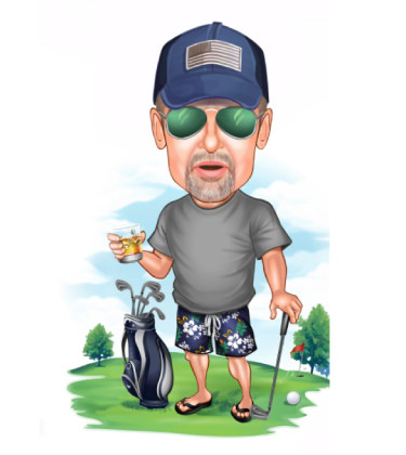 Karikatur eines Golfspielers mit Whisky in der Hand
