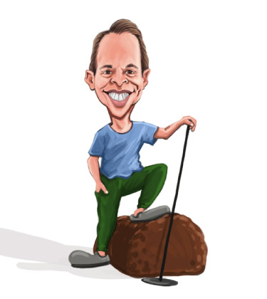Karikatur eines Golfspielers mit dem Fuß auf einem Stein
