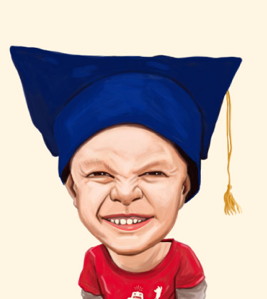 Lustige Zeichnung eines kleinen Kindes mit Abschlusshut und riesigem Lächeln