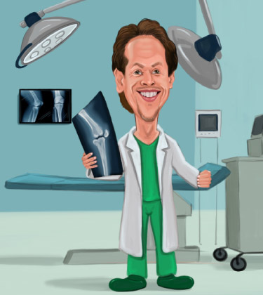 Zahnarzt posiert in seinem Büro mit der vollständigen Uniform- und Ausrüstungskarikatur