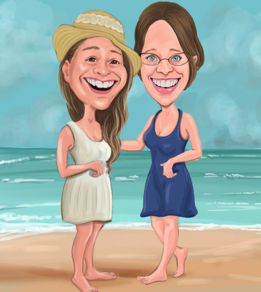 Karikatur von zwei Freundinnen, die eine tolle Zeit am Strand haben