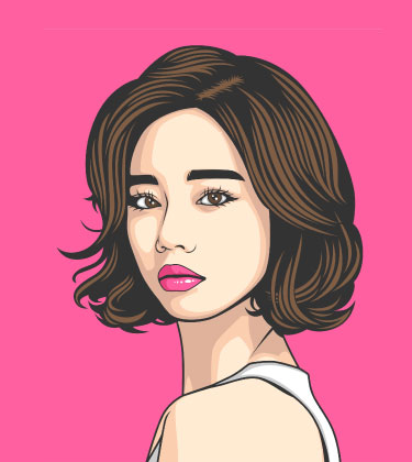 Cartoon-Porträt von sexy japanischem Mädchen, während sie mit rosafarbenem, festem Hintergrund posiert