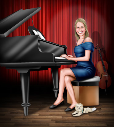 Klavierlehrer-Porträt-Zeichnung vor ihrem Klavier