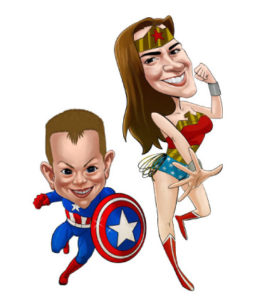 Skizze von Mutter und Sohn, die als Superman- und Wonderwoman-Karikaturenstil verkleidet sind